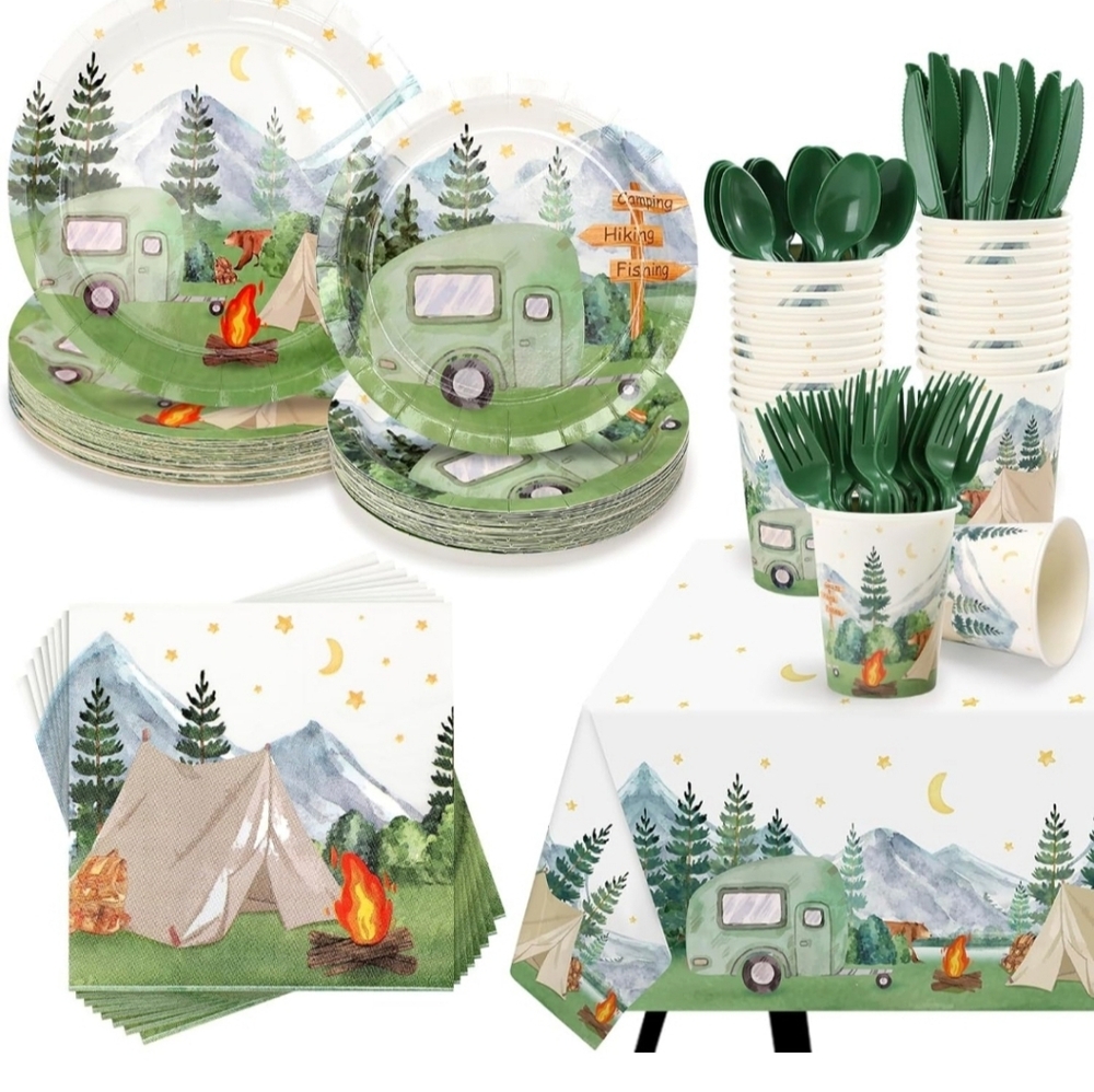 Camping Party Tableware Supplies Serves 20 Guests- Plates, Cups, Napkins, Table
